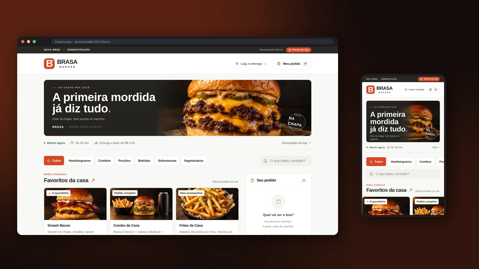 NEXA Menu, cardápio digital do BRASA Burger, em computador e celular