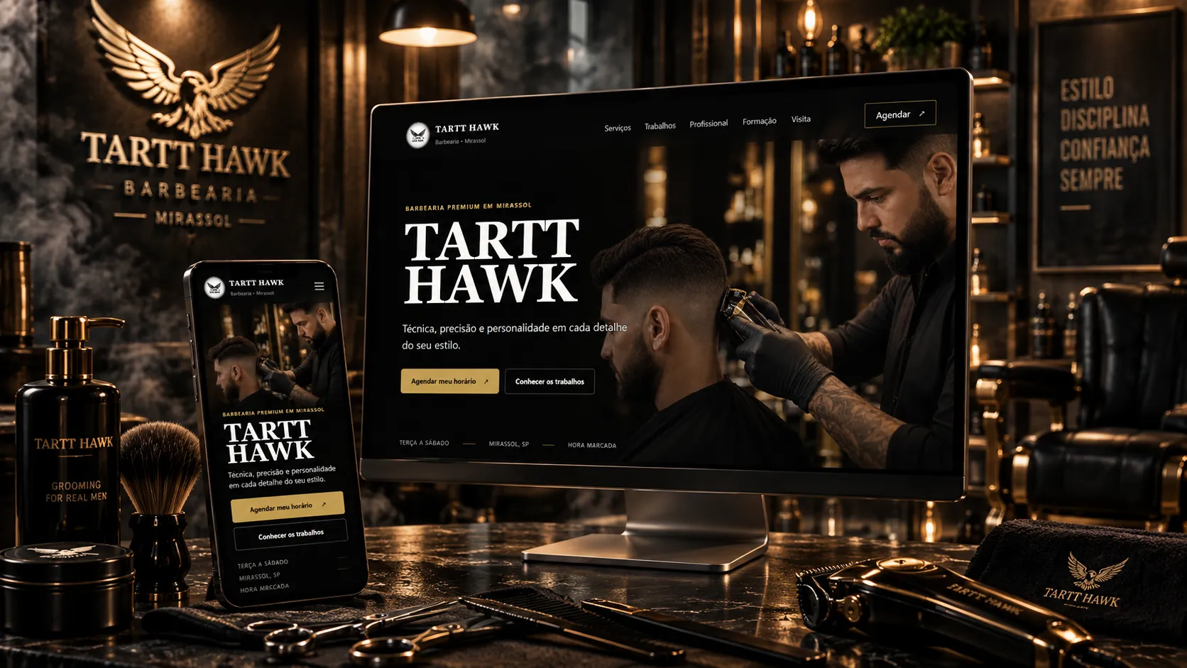 Site da barbearia Tartt Hawk em desktop e mobile